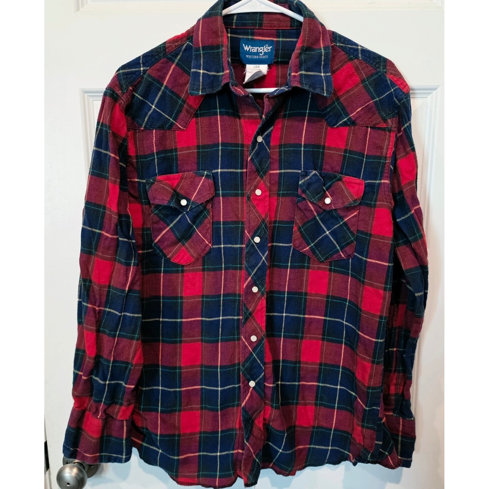 Wrangler Western Shirt Mens Large Red Blue Cotton Plaid Pearl Snap Flannel Shirt